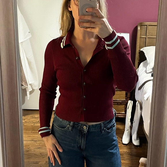 ANTHRO MAEVE Plunging Long-Sleeve Polo Cardigan Burgundy Baby Blue Ribbed Small - Picture 9 of 17